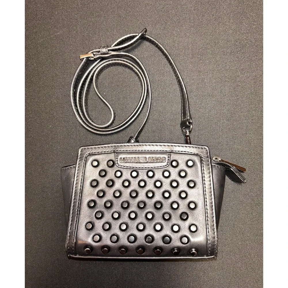 Michael Kors Vintage Black Leather Studded Crossbody Bag Purse Y2K Grunge Small